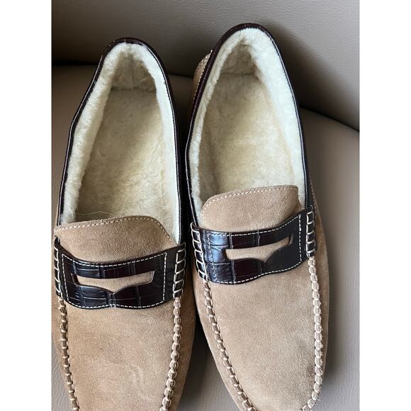 Cole Haan Loafers Mens 10 Sheep Fur Line Shoes Slippers Tan Suede Leather Brown main image 6